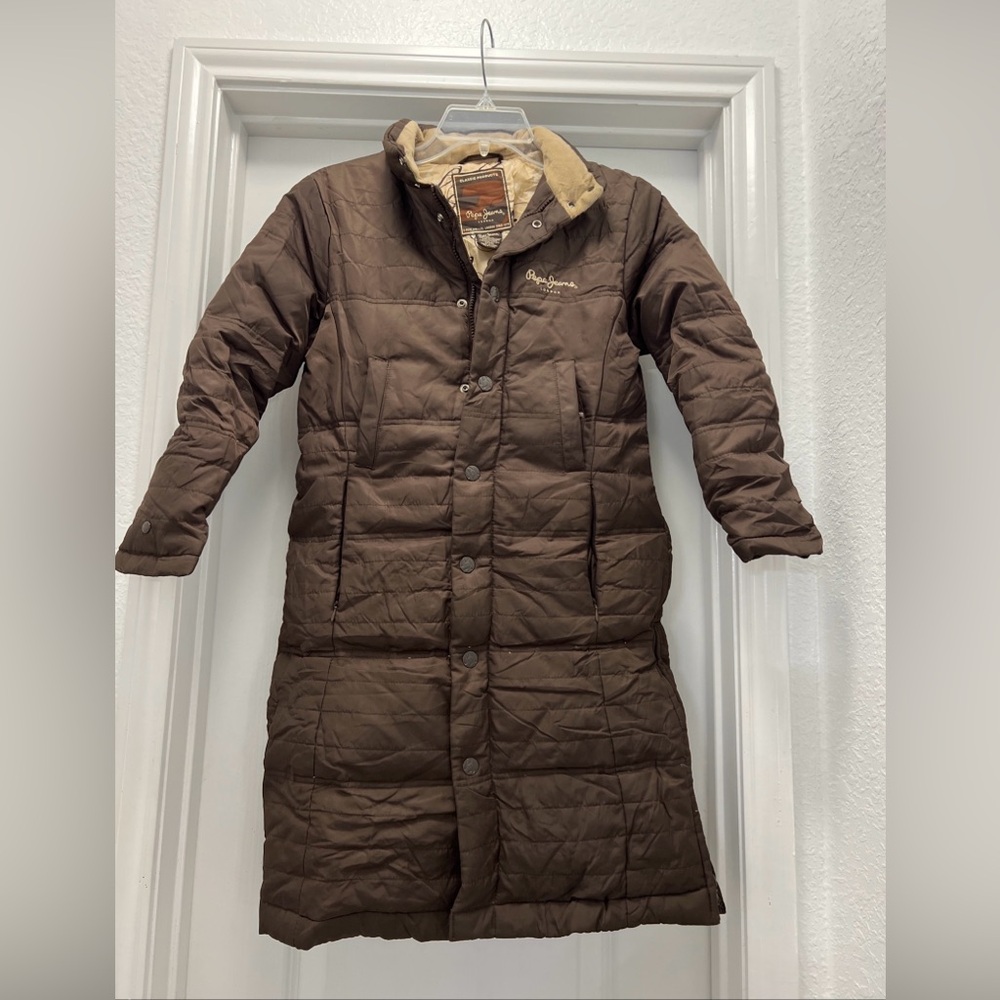Pepe Jeans London Men’s Brown Long Down Coat Jacket S Real Coyote Fur - Picture 2 of 13